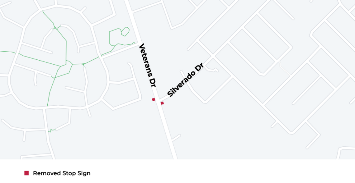 Stop signs removed at Veterans Drive